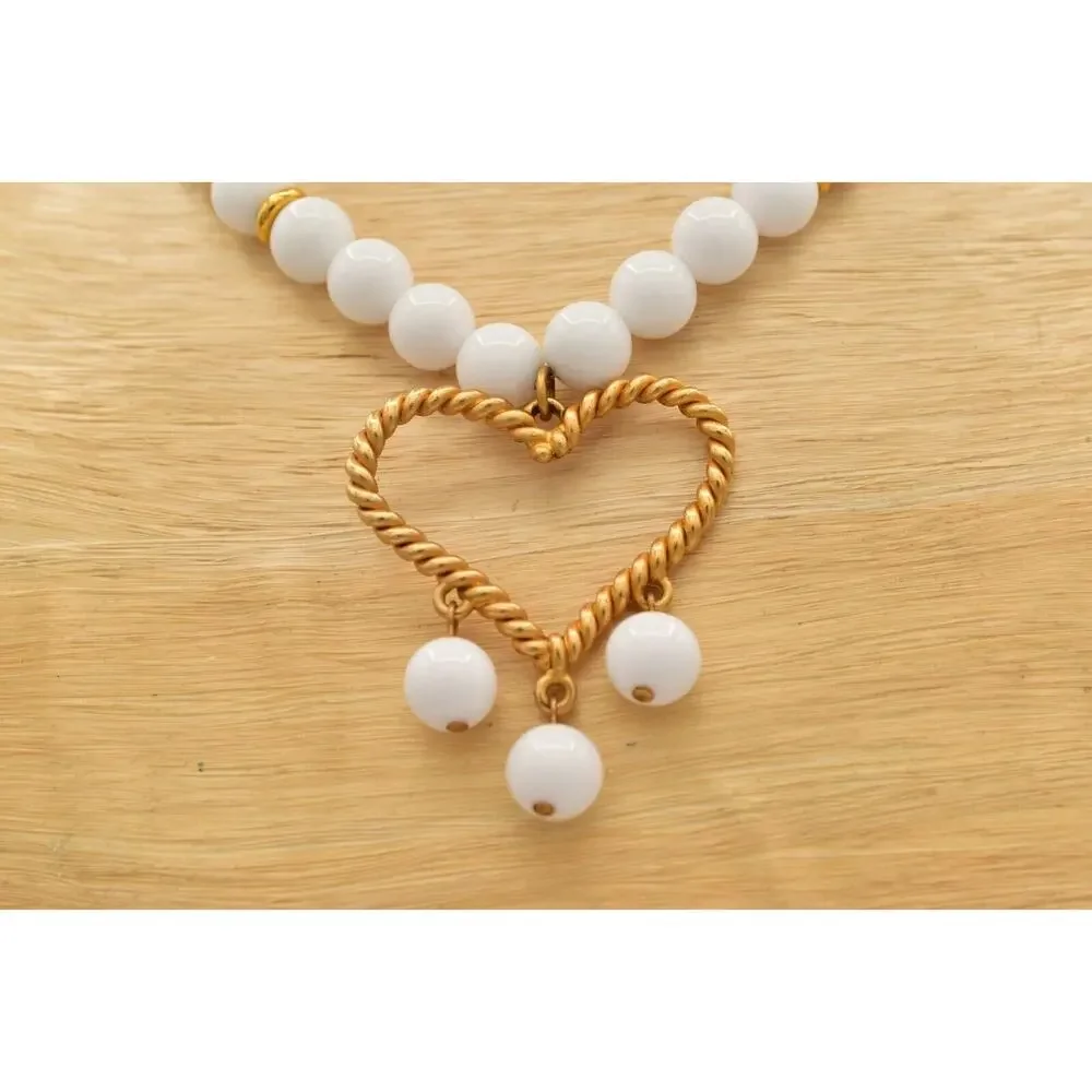 Deja Heart Collar Necklace Chunky White Beaded Brushed Gold Bold Signed BinA17
